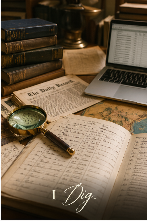 Vintage genealogy research materials — old books, newspapers, magnifying glass on a hand-written ledger