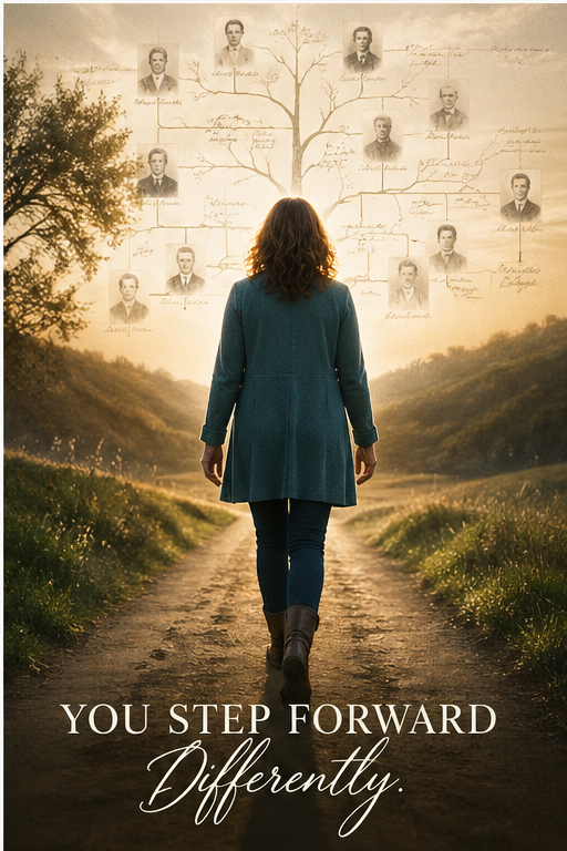 A woman walking forward on a path, with a family tree of ancestors in the sky behind her