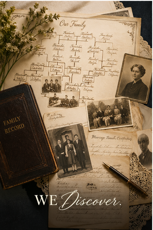 Family records, old portraits, and a hand-drawn family tree spread across a table