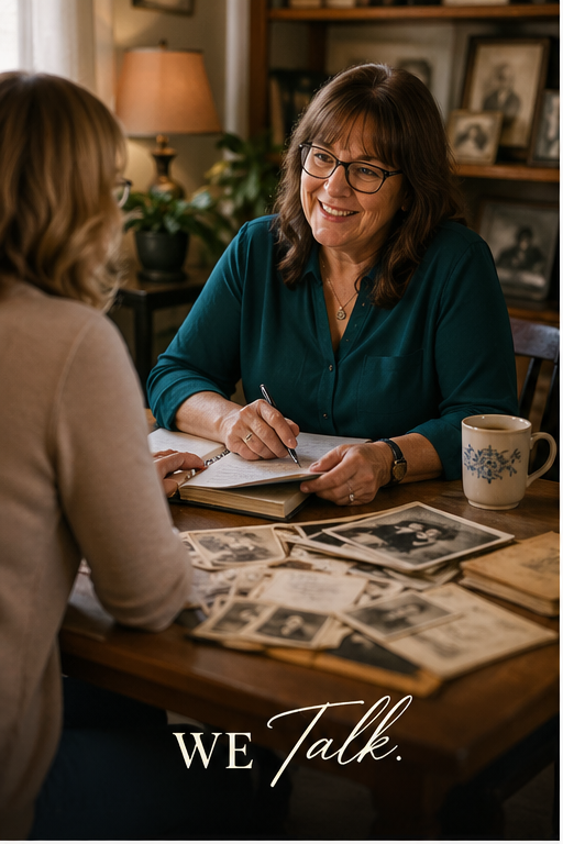 Sheri talking with a client at her desk, surrounded by family photos